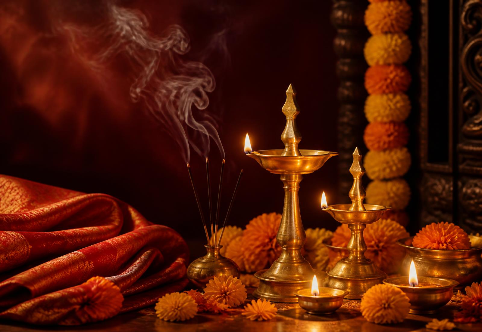 Brass diya lamps, marigolds and incense arranged for puja